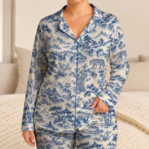 Blue Toile Landscapes with Spotted Cats for Relaxing at Home and Cozy Evenings Satin Pajamas Set