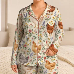 Watercolor Chickens and Wildflowers for Cozy Country Mornings and Cottagecore Gifts Satin Pajamas Set
