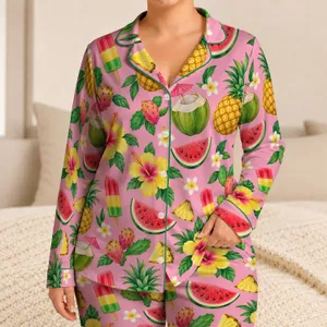 Tropical Fruit and Hibiscus Motifs for Sunny Summer Getaways and Relaxed Lounging Satin Pajamas Set