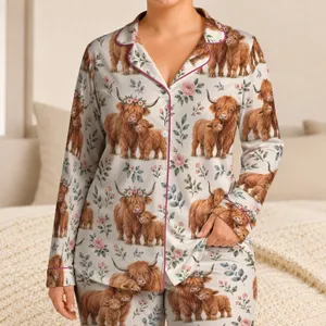 Highland Cow and Calf Pastoral Style for Cozy Evenings and Relaxing at Home Satin Pajamas Set