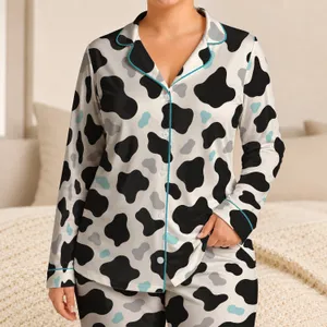 Classic Black And Ivory Cowhide Motif For Cozy Farmhouse Lounging And Relaxed Weekends Satin Pajamas Set