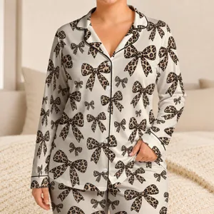 Leopard Bow Accents for Cozy Lounge Evenings and Relaxed Days at Home for Her Satin Pajamas Set