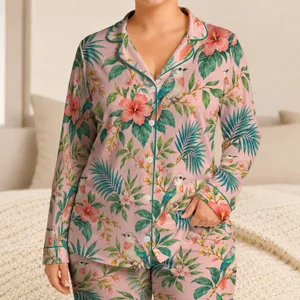 Pale Pink Tropical Birds and Florals for Cozy Winter Lounging at Home for Her Satin Pajamas Set