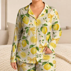 Lemon And Gingham Bow Motifs For Sunny Summer Lounging And Cozy Home Evenings Satin Pajamas Set