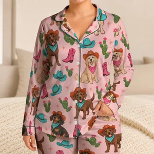 Cowboy Dogs, Cacti And Cowgirl Boots For Cozy Western-Inspired Lounging Satin Pajamas Set