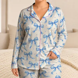 Sky Blue Ribbon Bows for Sweet, Relaxing Weekends and Cozy Everyday Lounging for Her Satin Pajamas Set