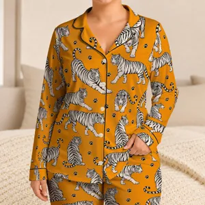 White Tiger Motif for Cozy Autumn Evenings and Relaxed Lounging Satin Pajamas Set