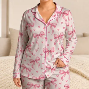 Pink Ribbon Bows and Hearts for Cozy Romantic Evenings and Sweet Everyday Lounging Satin Pajamas Set
