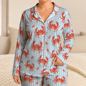 Coral Crab and Blue Stripe Motifs for Coastal Summer Lounging and Women's Getaways Satin Pajamas Set
