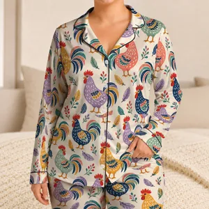 Playful Farmyard Roosters for Cozy Mornings and Relaxed Countryside Home Living Satin Pajamas Set