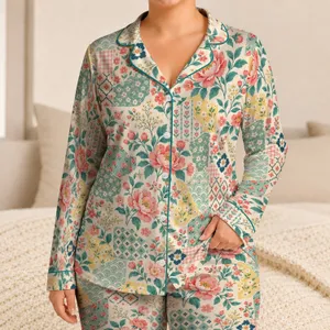 Colorful Patchwork Florals for Cozy Cottagecore Evenings and Relaxed Home Lounging Satin Pajamas Set