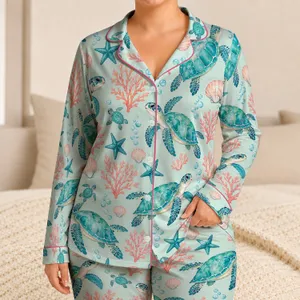 Turquoise Sea Turtle and Coral Motifs for Coastal Getaways and Relaxing Nights Satin Pajamas Set