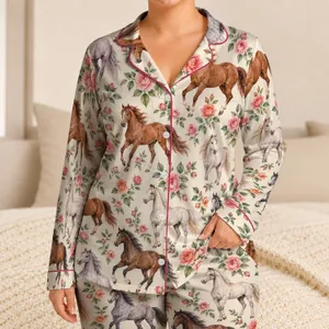 Watercolor Horses and Pink Roses for Romantic Country Living and Equestrian Gift Giving Satin Pajamas Set