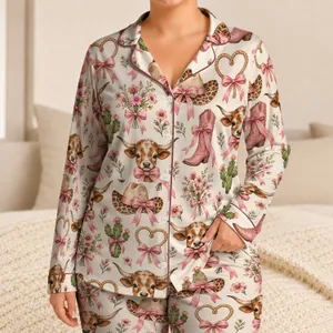 Pink Bow Longhorn Cowboy Boots And Ranch Icons For Cozy Western Weekends Satin Pajamas Set