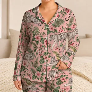 White Tigers Among Blush Orchids for Relaxed Botanical Evenings and Cozy Lounging Satin Pajamas Set