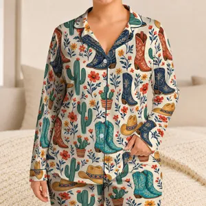 Western Cowboy Boots, Hats and Cactus for Cozy Ranch-Inspired Home Evenings and Weekends Satin Pajamas Set