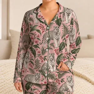 White Tiger and Pink Orchid Botanical Elegance for Cozy Autumn Evenings Satin Pajamas Set