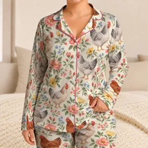 Watercolor Hens and Wildflowers for Cozy Farmhouse Mornings and Relaxed Lounging Satin Pajamas Set