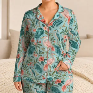 Tropical Flamingos and Botanical Blooms for Serene Summer Evenings and Relaxed Lounging Satin Pajamas Set