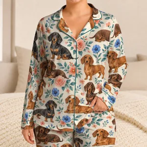 Watercolor Dachshunds and Garden Blooms for Cozy Nights and Relaxed Weekends Satin Pajamas Set