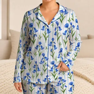 Blue Watercolor Flowers and Sky Blue Stripes for Elegant Relaxation and Thoughtful Gifting Satin Pajamas Set