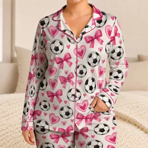 Pink Footballs, Bows and Hearts for Cozy Game Day Lounging and Football Fans Satin Pajamas Set