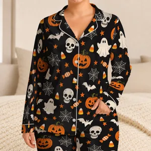 Halloween Skull Bat Pumpkin Motifs for Spooky Season Cozy Nights and October Satin Pajamas Set