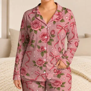 Pink Roses, Ribbon Bows and Hearts for Romantic Valentine Lounging and Sweet Gift Giving Satin Pajamas Set