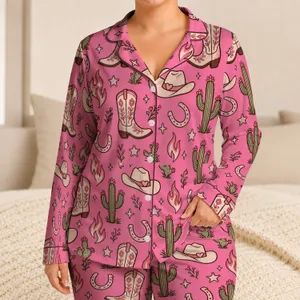 Pink Cowboy Boots, Cacti and Hats for Cozy Western Nights and Sweet Ranch-Inspired Style Satin Pajamas Set