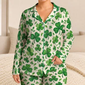 Fresh Green Clover Motifs For Lucky Lounging And Cozy St Patrick's Day Gift Giving Satin Pajamas Set