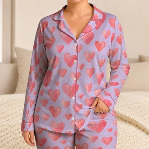 Lavender Heart Motif Cozy Valentine Gift for Romantic Lounging and Sweet Bedtime Satin Pajamas Set