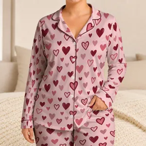 Tiny Burgundy Hearts on Blush Pink for Romantic Lounging and Cozy Nights for Her Satin Pajamas Set
