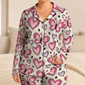 Pink Hearts And Whimsical Butterflies For Cozy Summer Lounging Satin Pajamas Set