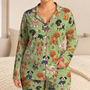Playful Puppy Parade With Vintage Outfits for Cozy Evenings and Relaxed Lounging Satin Pajamas Set