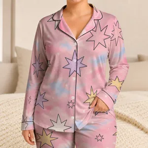 Blush Pink Stars and Soft Clouds for Cozy Evenings and Relaxed Lounging Satin Pajamas Set