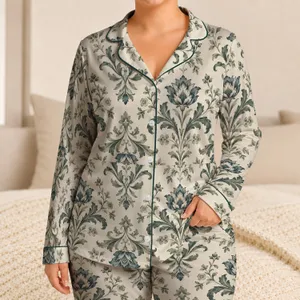 Vintage Teal Damask Botanical Motifs for Relaxed Summer Lounging and Gift Giving at Home Satin Pajamas Set