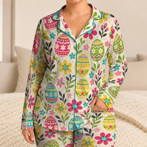 Colorful Easter Eggs and Florals for Springtime Celebrations and Seasonal Style Satin Pajamas Set