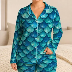 Luminous Teal Mermaid Scales for Coastal Getaways and Relaxed Weekend Style Gifts Satin Pajamas Set