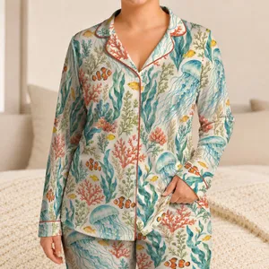 Watercolor Clownfish And Sea Jelly Ocean Life For Relaxing Coastal Evenings Satin Pajamas Set