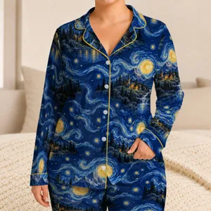 Swirling Midnight Sky Mountain Village for Cozy Stargazing Nights and Nature Lovers Satin Pajamas Set