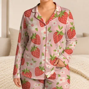 Strawberry And Ivory Flower Motif For Cheerful Everyday Lounging And Cozy Nights Satin Pajamas Set