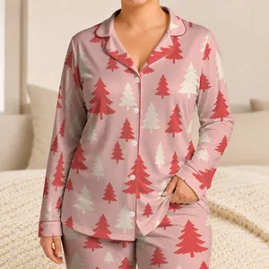Pastel Christmas Evergreen Trees for Cozy Holiday Mornings and Winter Evenings at Home Satin Pajamas Set