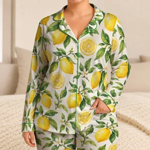Fresh Lemon and Green Leaf Motifs for Relaxed Summer Lounging at Home for Women Satin Pajamas Set