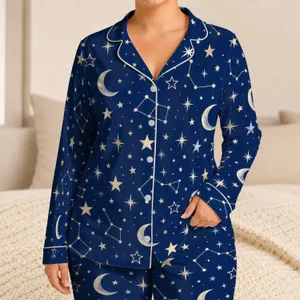 Cobalt Moon And Constellation Motifs For Cozy Stargazing Nights At Home Satin Pajamas Set