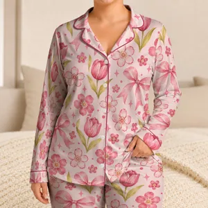 Pastel Tulips, Sweet Bows And Rose Blooms For Cozy Springtime Lounging Satin Pajamas Set