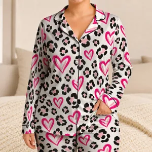 Black Leopard Spots and Fuchsia Hearts for Cozy Valentine Evenings and Relaxed Lounging Satin Pajamas Set