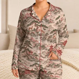 Vermilion Pagoda Pine Deer Scenery for Serene Lunar New Year Lounging and Gifting Satin Pajamas Set