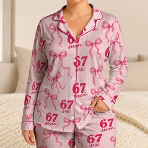 Fuchsia 67 Script Bow And Pink Stripes For Cozy Nights And Sweet Gift Giving Satin Pajamas Set