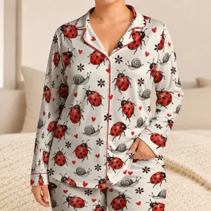 Red Ladybug Hearts And Snails For Cozy Indoor Evenings And Relaxed Lounging Satin Pajamas Set