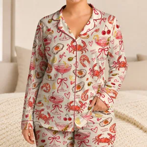 Red Cocktail Hearts and Martini Motifs for Cozy Girls’ Night In Gift Giving Satin Pajamas Set